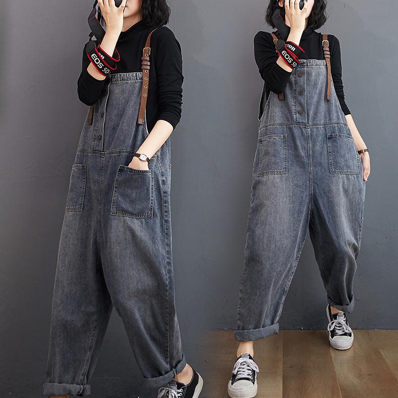 Women's Loose-washed Nine-point Denim Overalls - Trendha