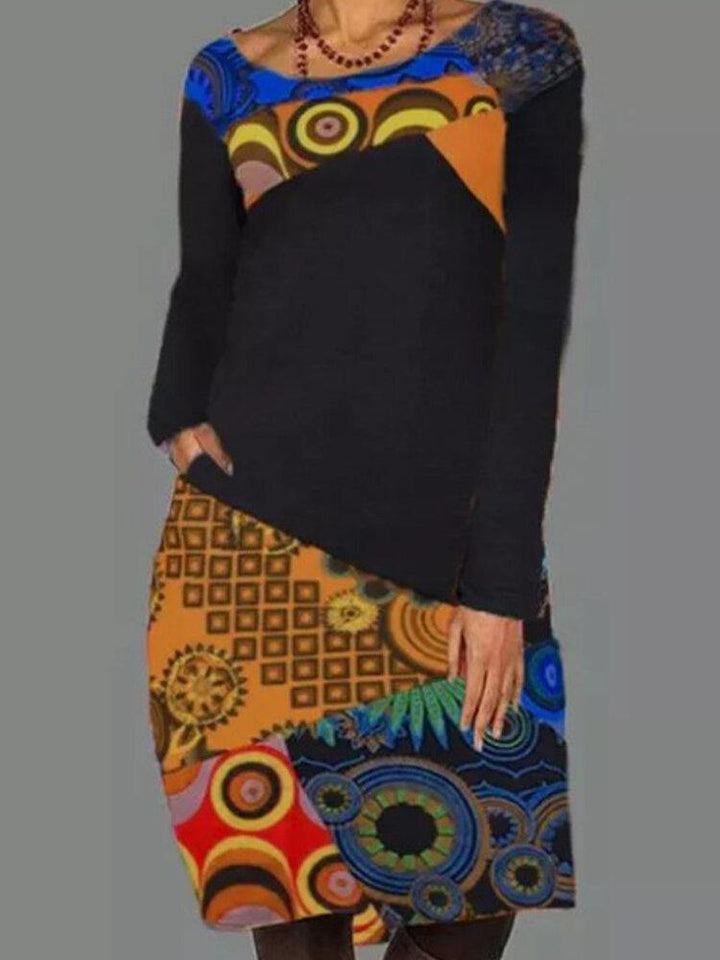 Women Ethnic Pattern Patchwork Casual Print Round Neck Long Sleeve Dress - Trendha