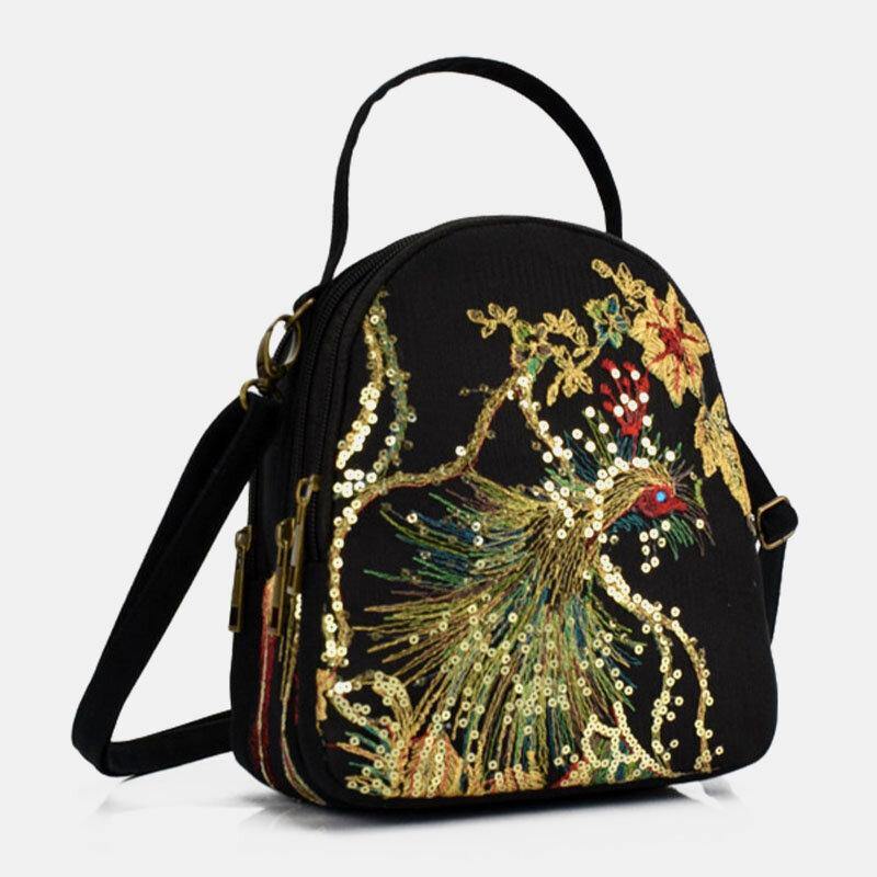 Women Canvas Ethnic Style Embroidery Peacock Pattern Sequin Mini Multi-carry Handbag Crossbody Bag - Trendha