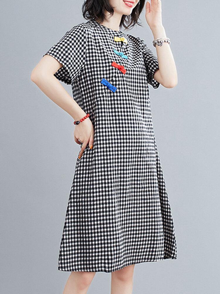 Short Sleeve Stand Collar Pleated Spliced Plaid Casual Dress For Women - Trendha