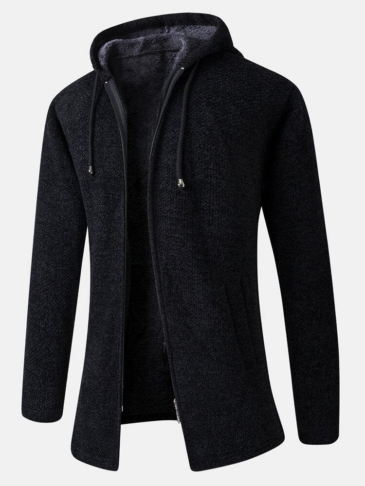 Mens Solid Color Warm Mid-Length Drawstring Hoodie Knitting Coat With Pocket - Trendha