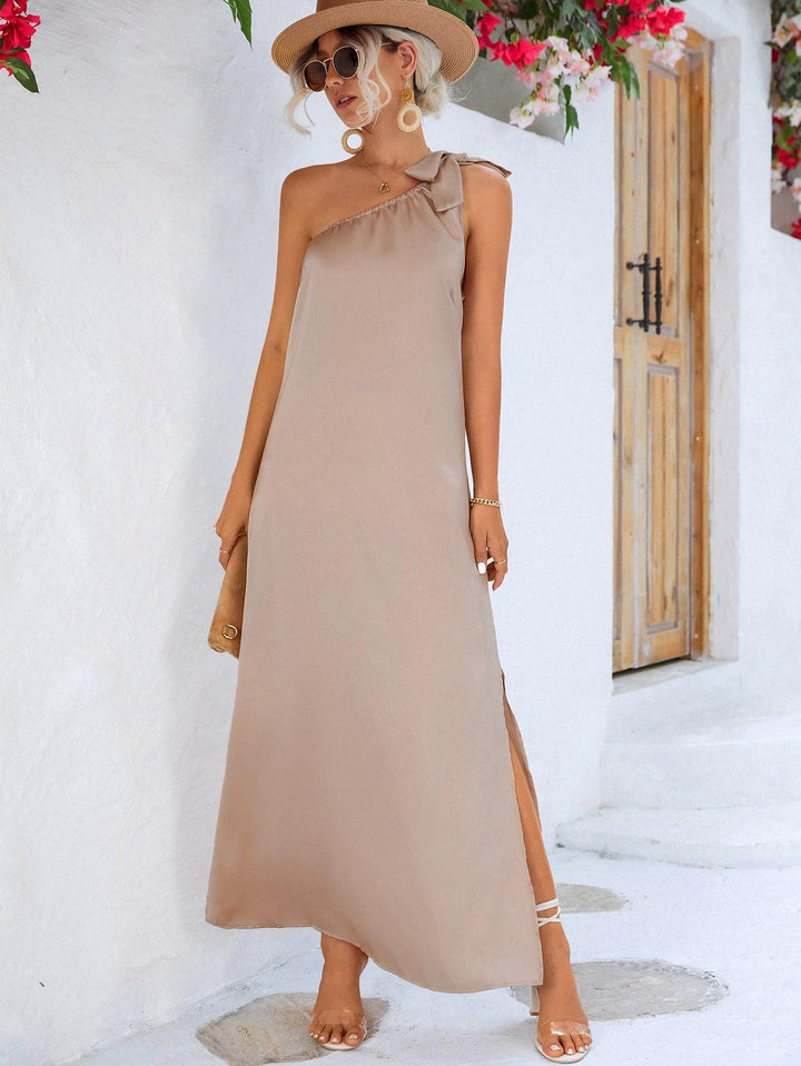 One-Shoulder Slit Maxi Dress - Trendha