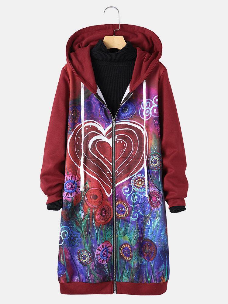 Women Vintage Heart Floral Printed Zipper Front Hooded Coat With Pocket - Trendha