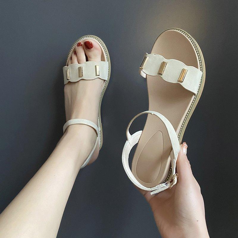 Casual Flat Women's Shoes Toe Fairy Style Sandals One Word Buckle Sandals - Trendha