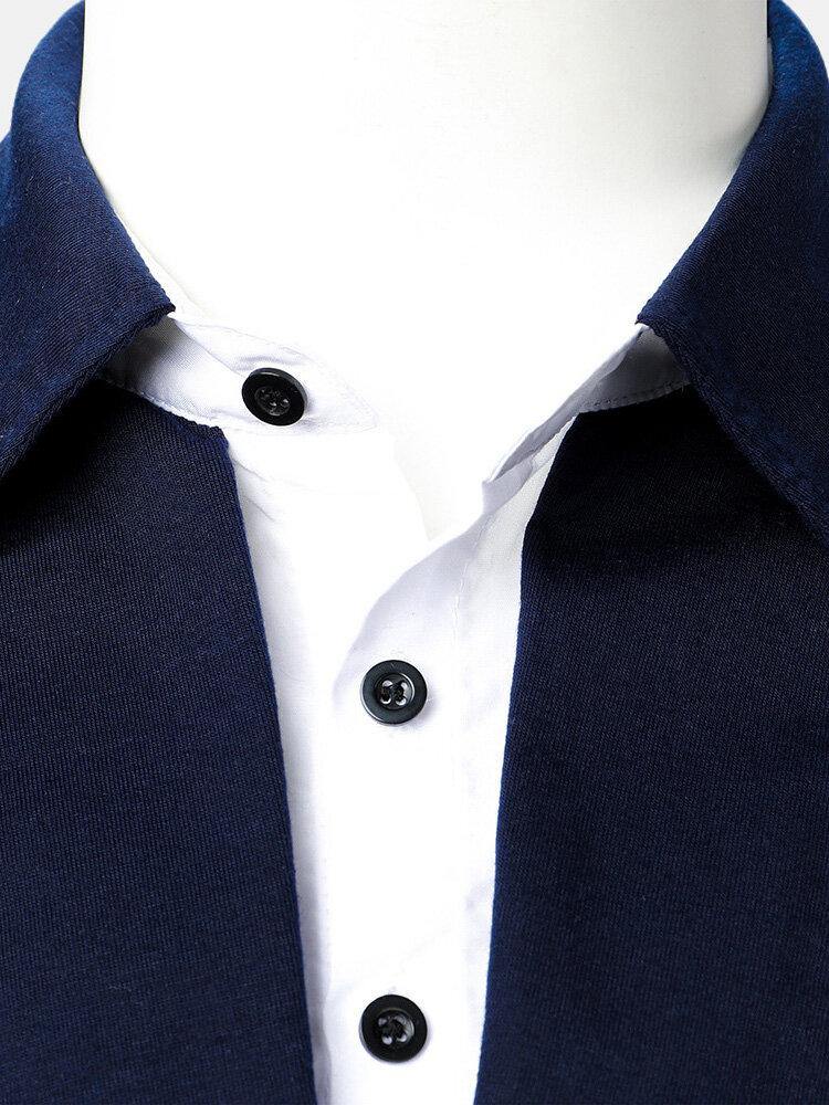 Mens Patchwork V-Shaped Button Lapel Long Sleeve Golf Shirts - Trendha