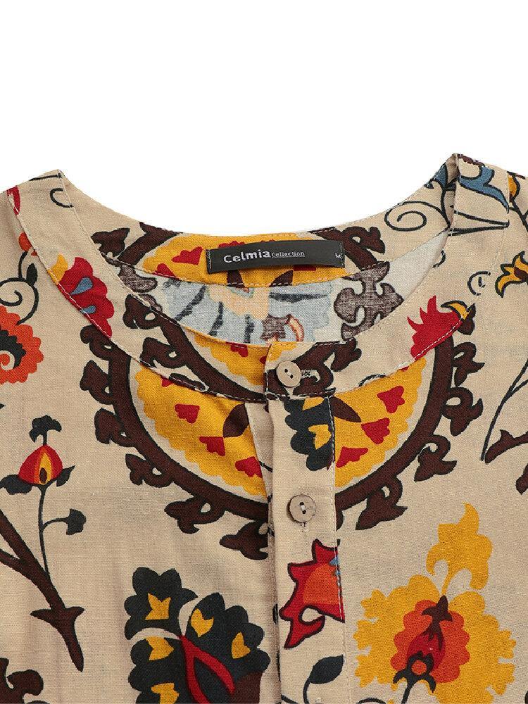 Women Ethnic Style Floral Print Short Sleeve Half Button Front Vintage Dresses - Trendha
