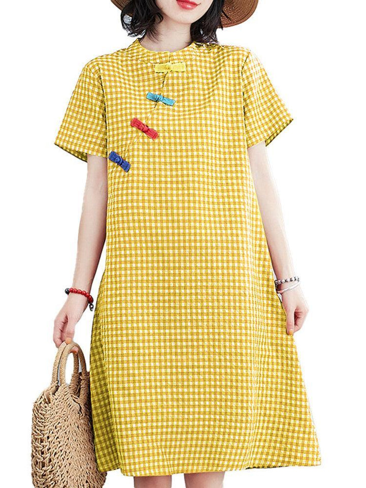 Short Sleeve Stand Collar Pleated Spliced Plaid Casual Dress For Women - Trendha