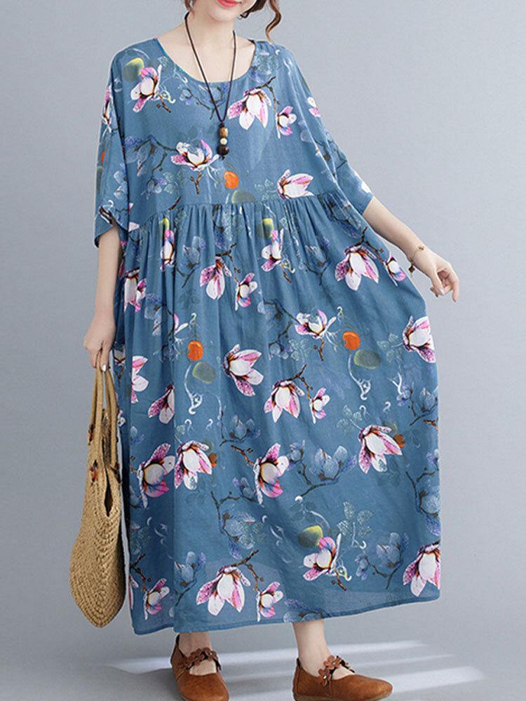 O-Neck Floral Loose Retro Style Casual Summer Dress For Women - Trendha