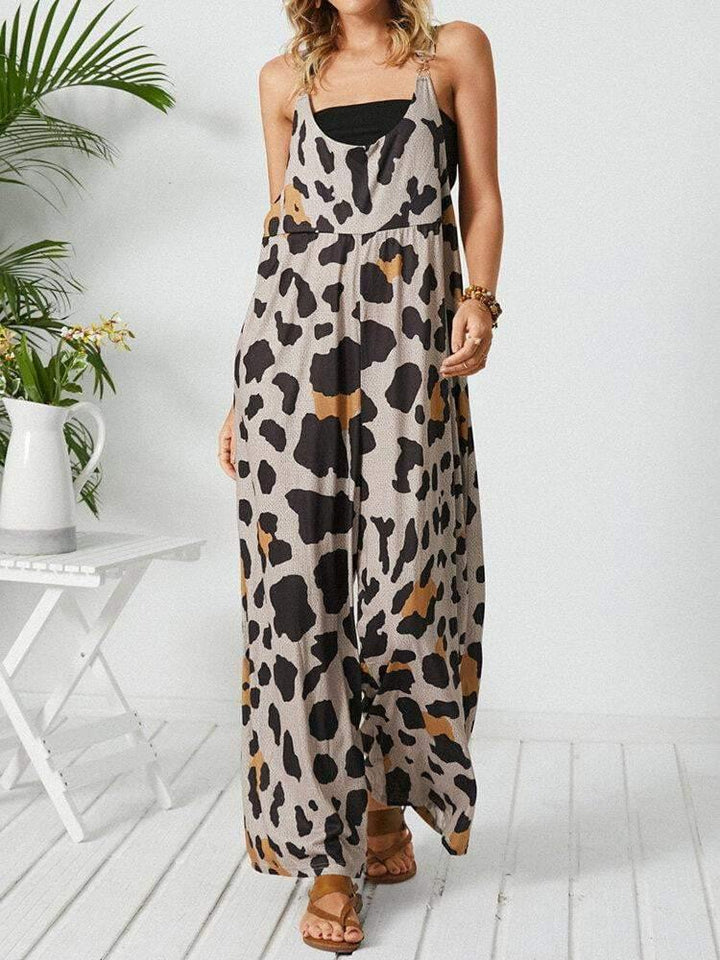 Leopard Print Sleeveless Straps Casual Loose Wide Leg Jumpsuit For Women - Trendha