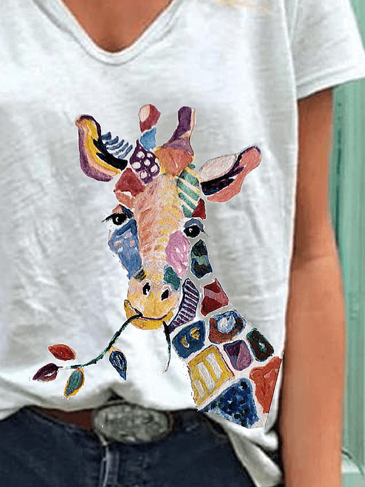 Cartoon Giraffe Animal Print V-neck Short Sleeve Loose T-shirts For Women - Trendha