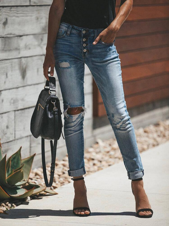 Women Leisure Button Hollow Out Ripped Work Daily Casual Jeans - Trendha