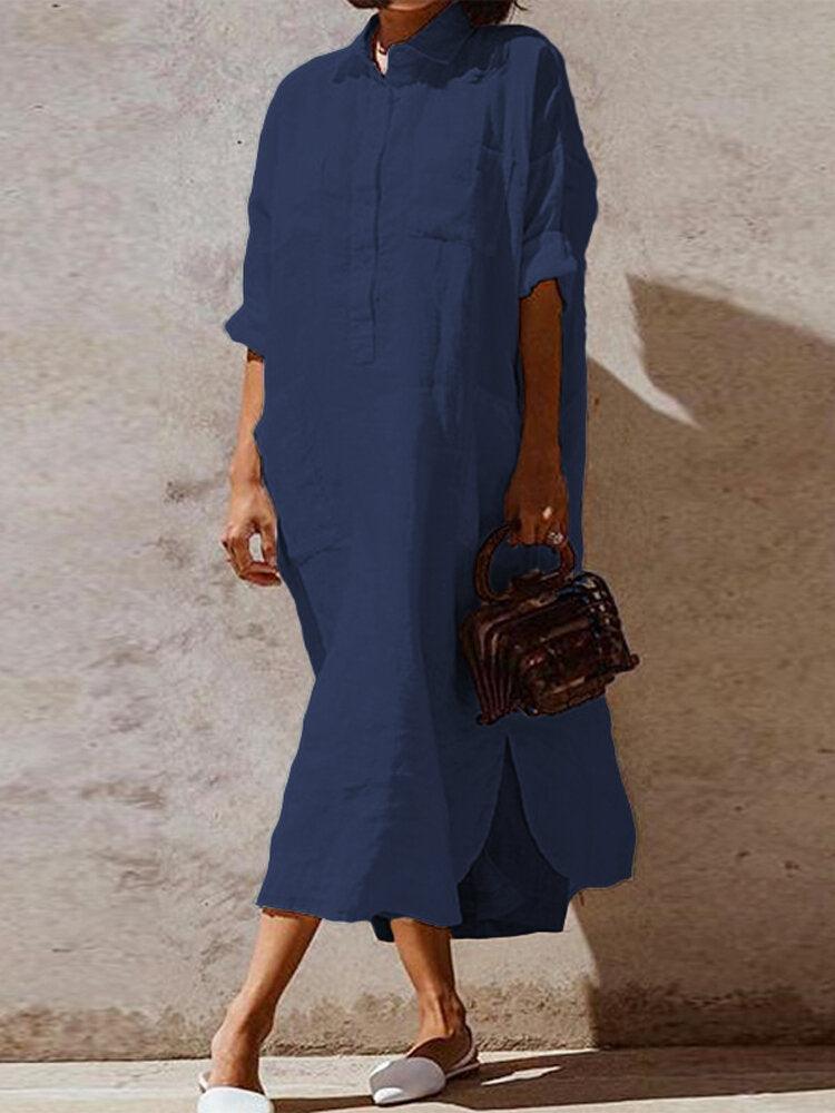 Stylish Button-up Women's Shirt Dress with Lapel Collar and Irregular Hem in Solid Color - Trendha