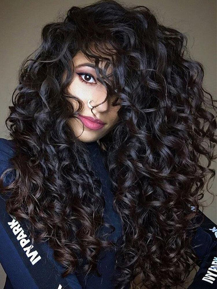 Natural Black Long Curly Hair Fluffy Afro Small Curly High Temperature Fiber Wigs - Trendha