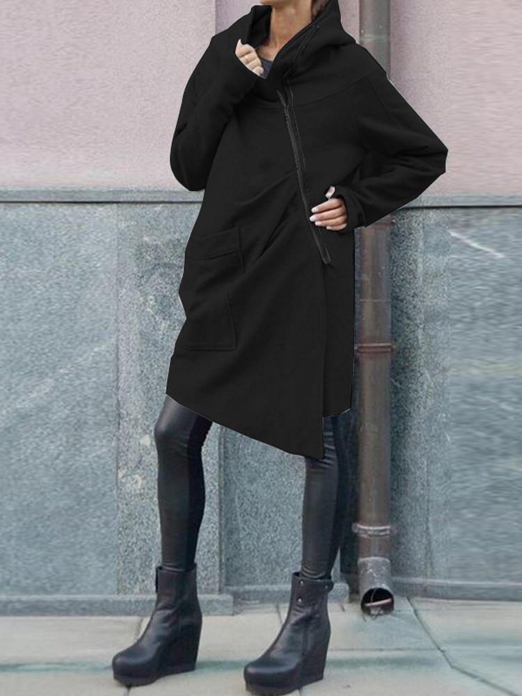 Women Zip Up Asymmetrical Jacket Fleece Loose Hoodies Hooded Coats - Trendha