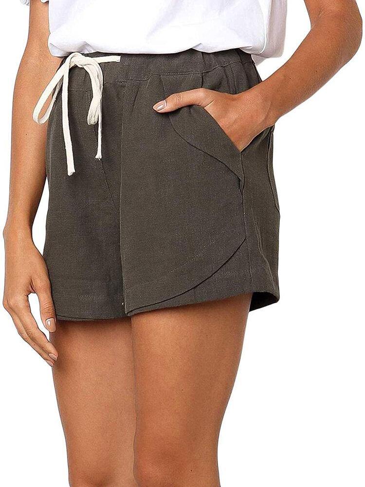 Solid Color Drawstring Waist Pocket Casual Shorts For Women - Trendha