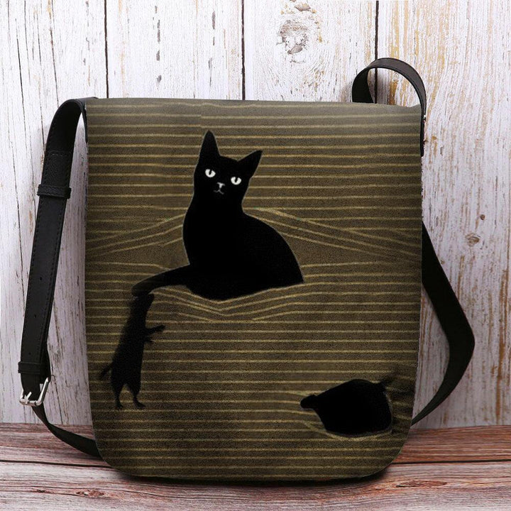 Women Felt Cute Casual Cartoon Black Cat Caught Mouse and Stripes Pattern Crossbody Bag Shoulder Bag - Trendha