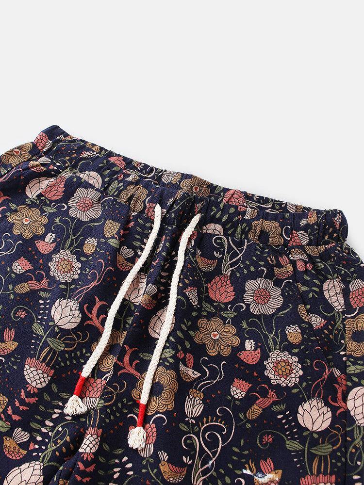 Cotton Mens Floral Print Pocket Drawstring Casual Shorts - Trendha