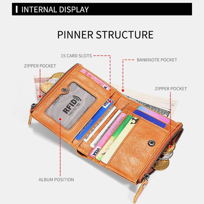 Men Genuine Leather RFID Antimagnetic Double Zipper Wallet 15 Card Slots Holder - Trendha