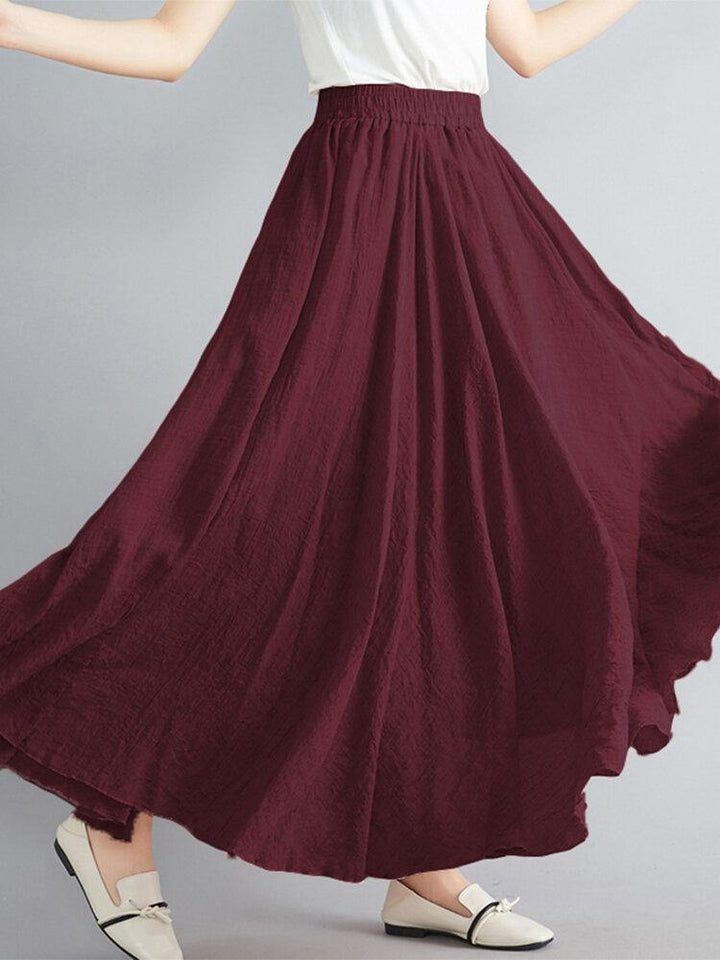 Women Big Swing Solid Color Elastic Waist Loose Casual Long Skirt - Trendha
