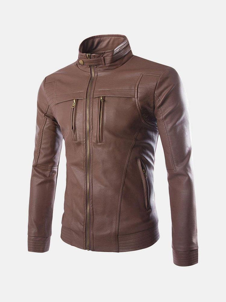Mens Zipper Stand Collar Black Biker Faux Leather Jacket - Trendha