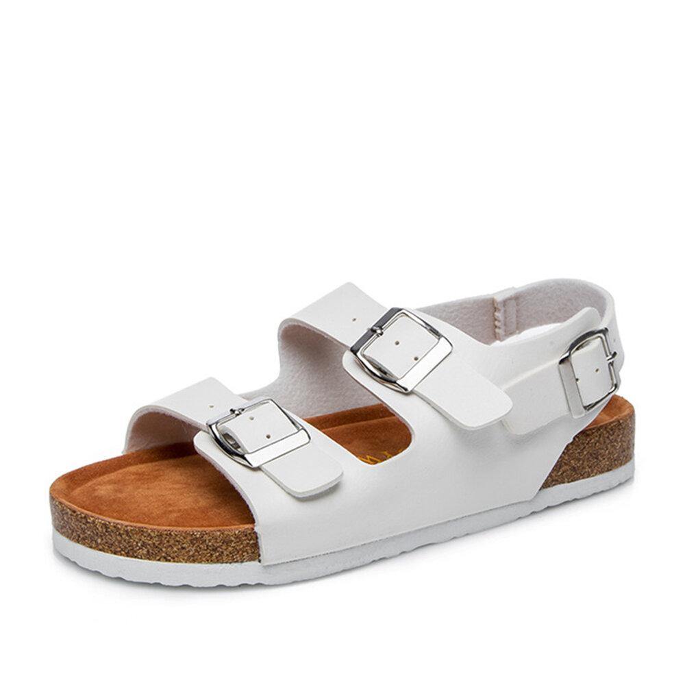 Women Casual Solid Color Dual Buckle Strap Slingback Beach Cork Sandals - Trendha