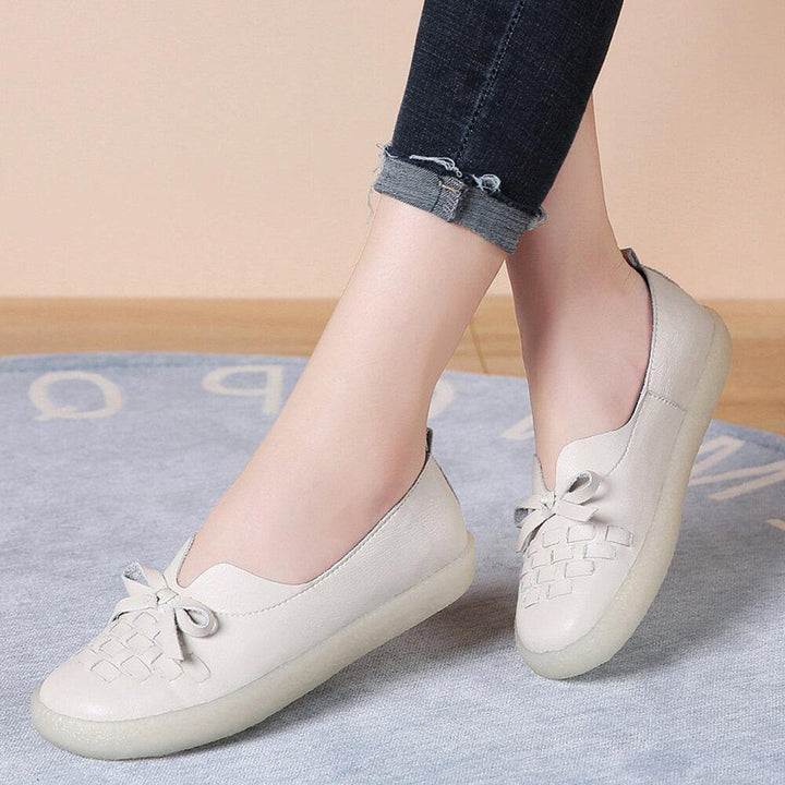 Women's Leather Slip On Solid Color Woven Bowknot Asakuchi Flats Loafers Shoes - Trendha