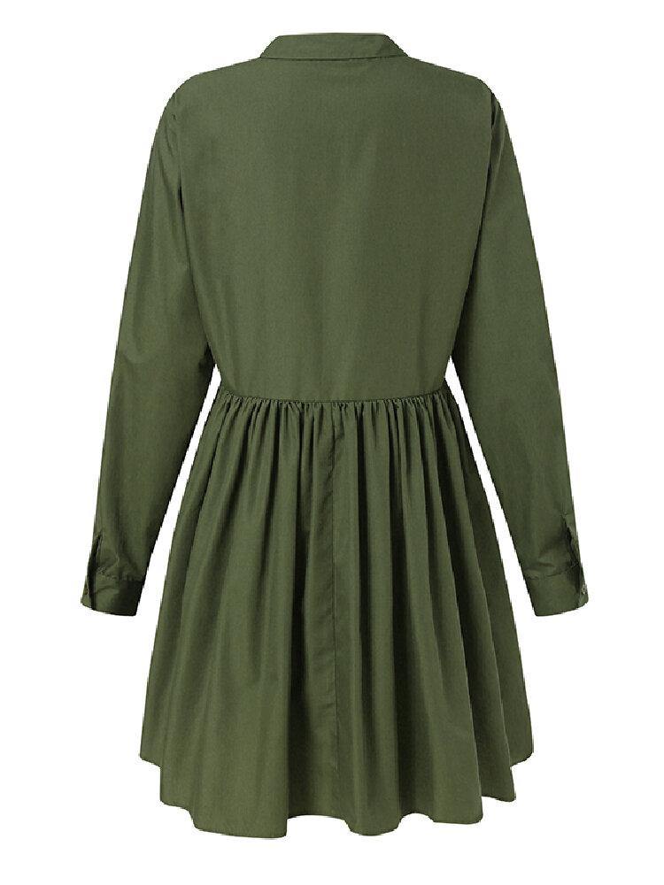 Casual Solid Color Lapel Long Sleeve Button High Low Hem Shirt Dress - Trendha