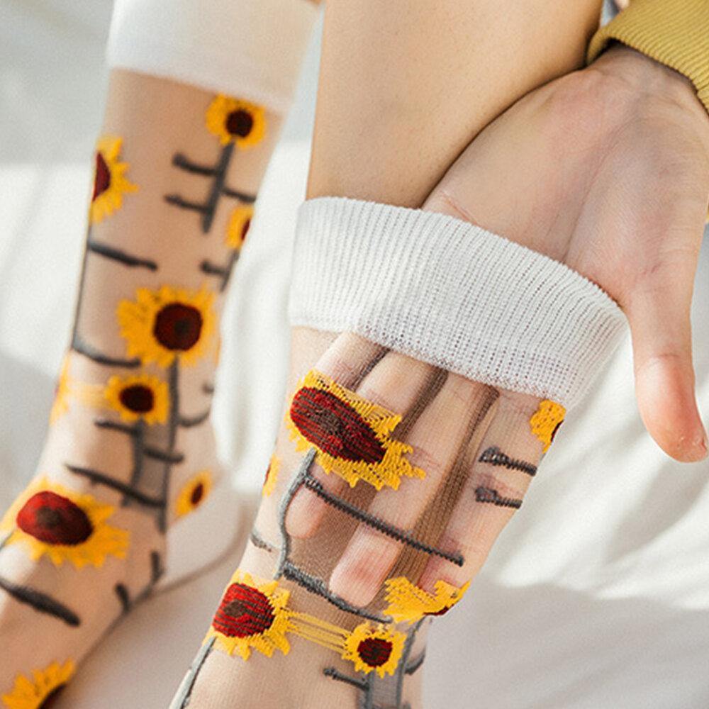 Women Ultra-Thin Cotton Sunflower Vine Flower Breathable Absorbent Tube Socks - Trendha