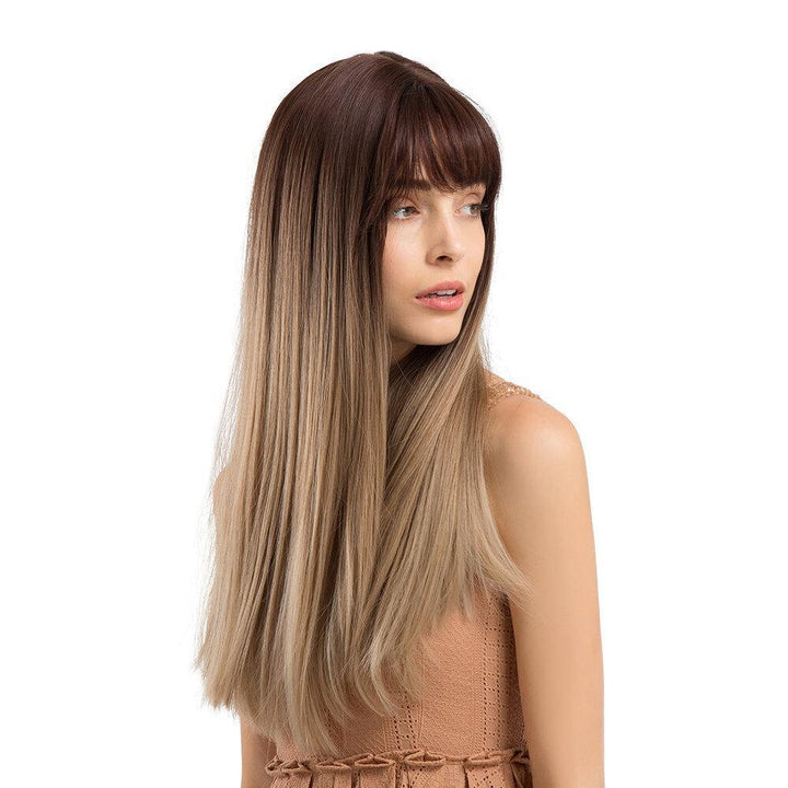 Charming Fluffy Straight Hair Wig High-Temperature Fiber Natural Long Hair Full Wigs Gradual Brown - Trendha