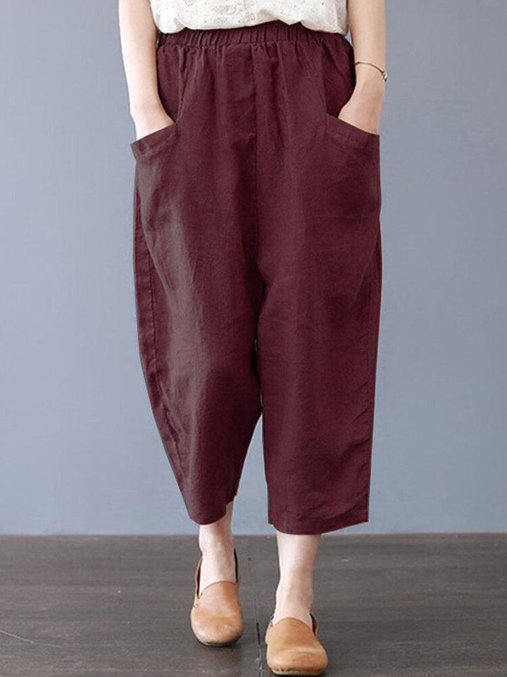 Plus Size Women Cotton Loose Harem Pants with Pockets - Trendha