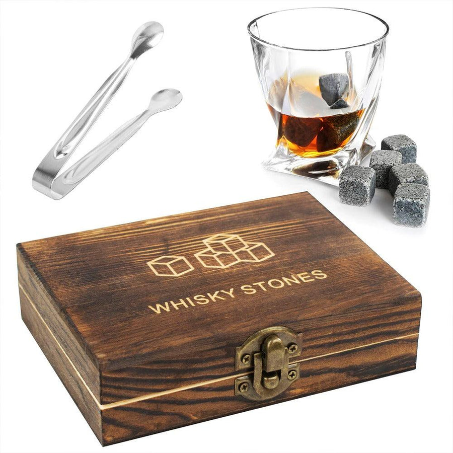 Whiskey Stones Gift Set - 9Pcs Granite Whiskey Stones Ice Cubes Whisky Rocks - Reusable Drink Cooler Chilling Stones with Tongs - Trendha