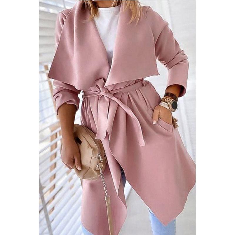 Lapel solid color long trench coat - Trendha