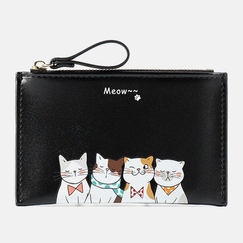 Women Faux Leather Cute Cartoon Cats Printing Ultra-thin Card Case Coin Bag Wallet - Trendha