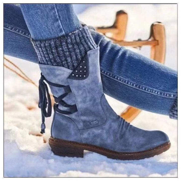 Retro woolen Martin boots with mid-low rear straps - Trendha