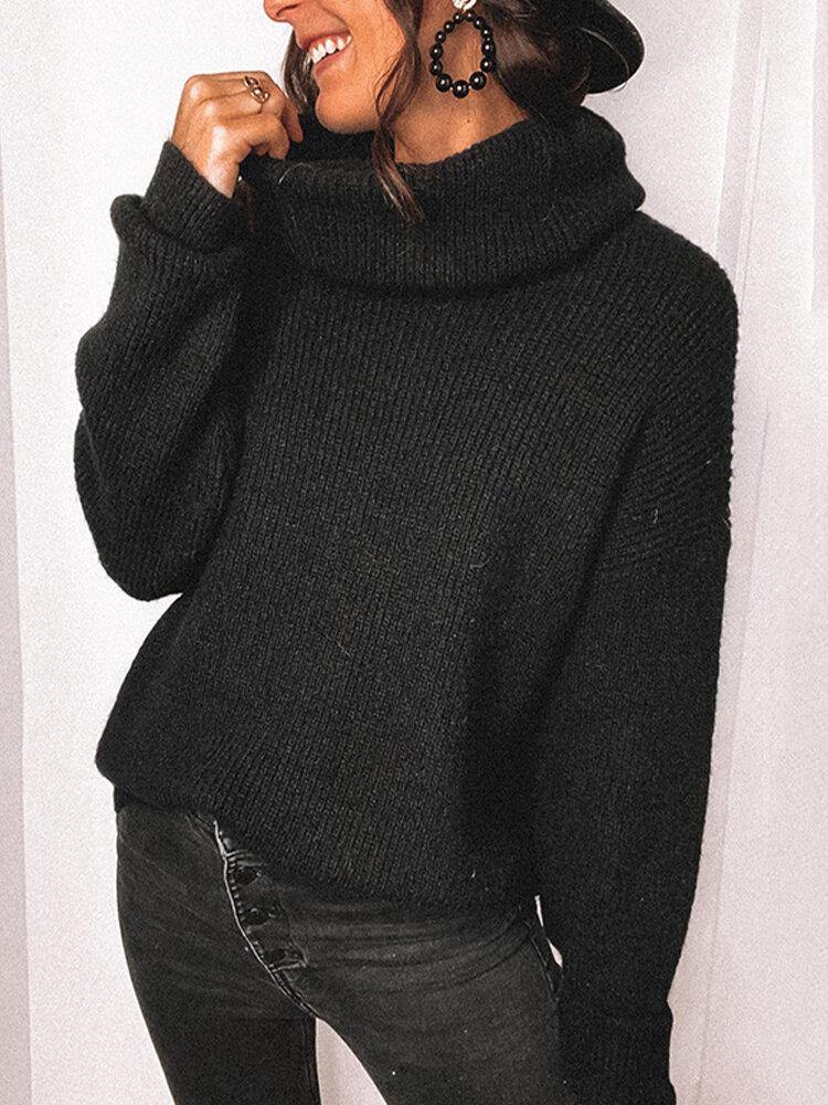 Women Solid Color Ribbed Knit High Neck Simple Long Sleeve Sweaters - Trendha