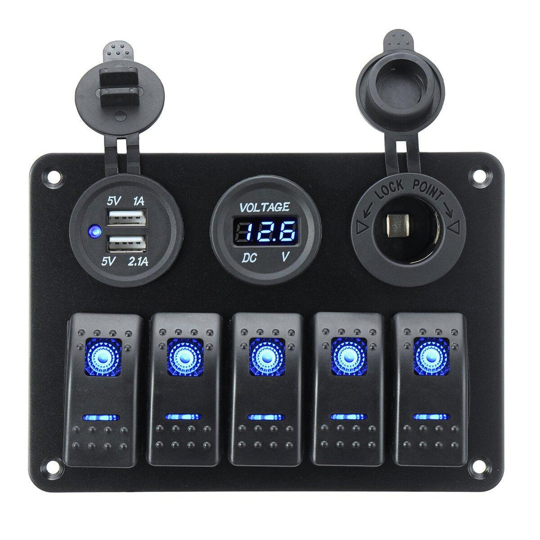 5 Gang On-Off Blue LED Toggle Switch Panel Voltmeter Dual USB Car Boat Marine - Trendha