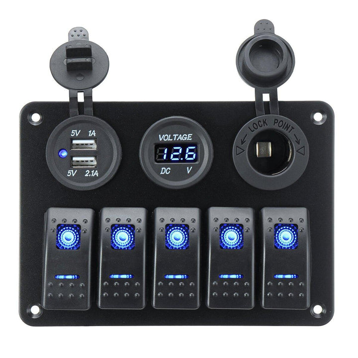 5 Gang On-Off Blue LED Toggle Switch Panel Voltmeter Dual USB Car Boat Marine - Trendha
