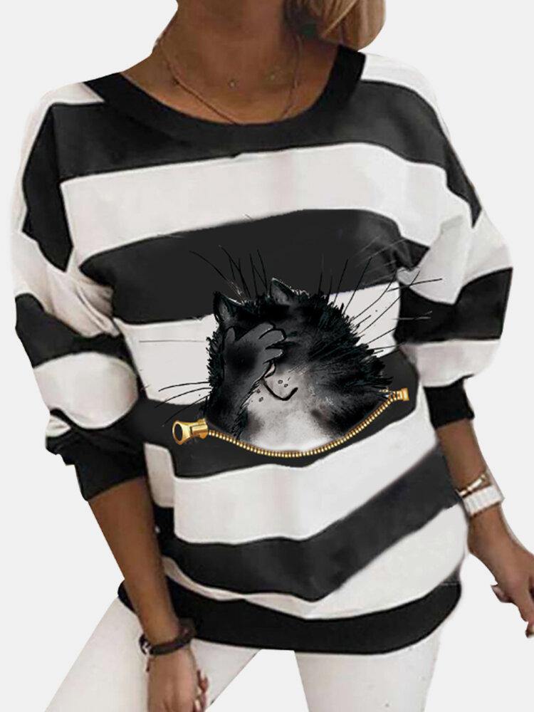 Women Cartoon Cat Horizontal Stripe Print Casual Long Sleeve Sweatshirts - Trendha