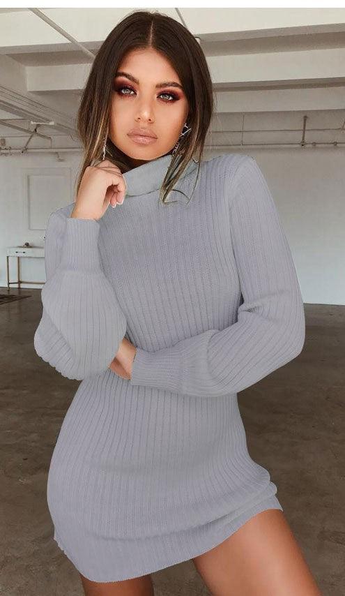 Long sleeve ribbed solid color casual dress - Trendha