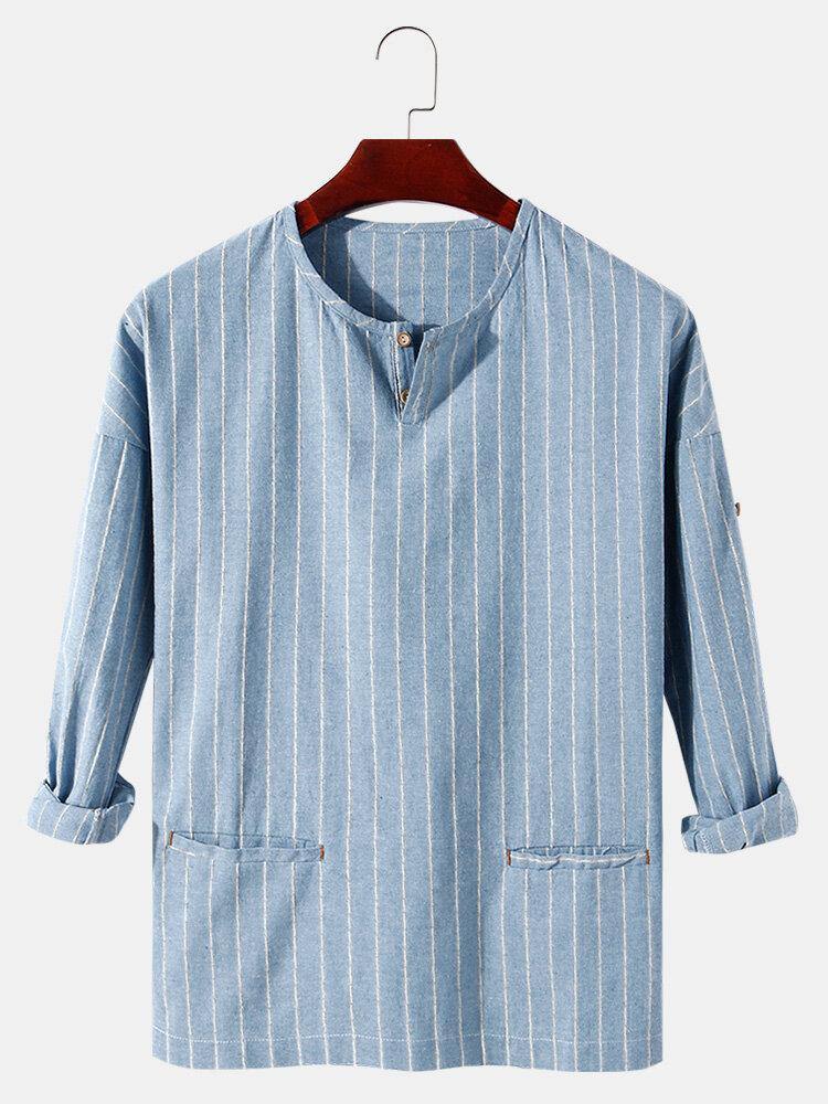 Mens Stripe Half Open Collar Double Pocket Casual Henley Shirts - Trendha