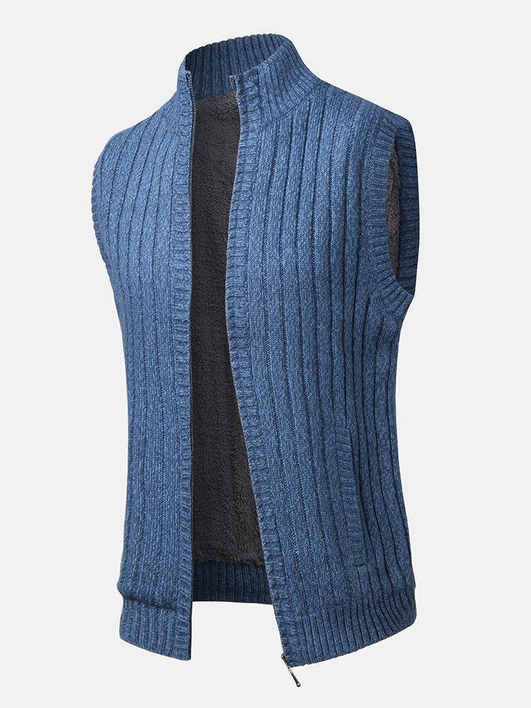 Mens Solid Color Knitted Warm Fleece Lined Zipper Sweater Vests - Trendha