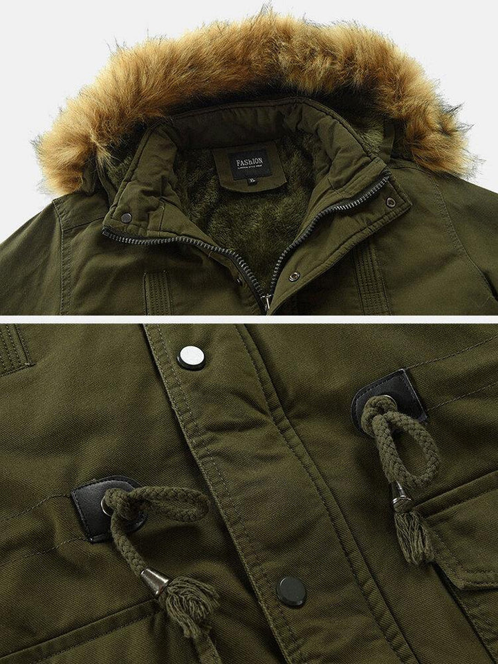 Mens Warm Fur Hooded Drawstring Waist Thick Coats With Pocket - Trendha