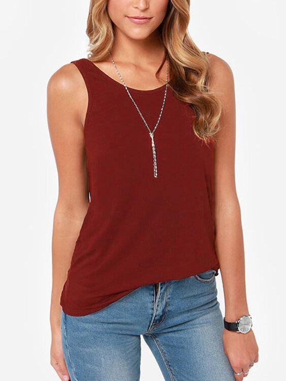 Backless Round Neck Sleeveless Solid Color Tank Tops - Trendha