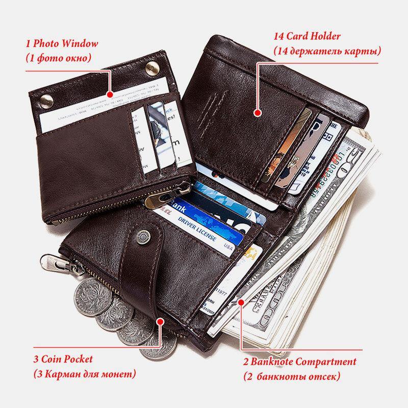 Men Genuine Leather Cowhide RFID Anti-theft Retro Zipper With Chain Card Holder Wallet - Trendha