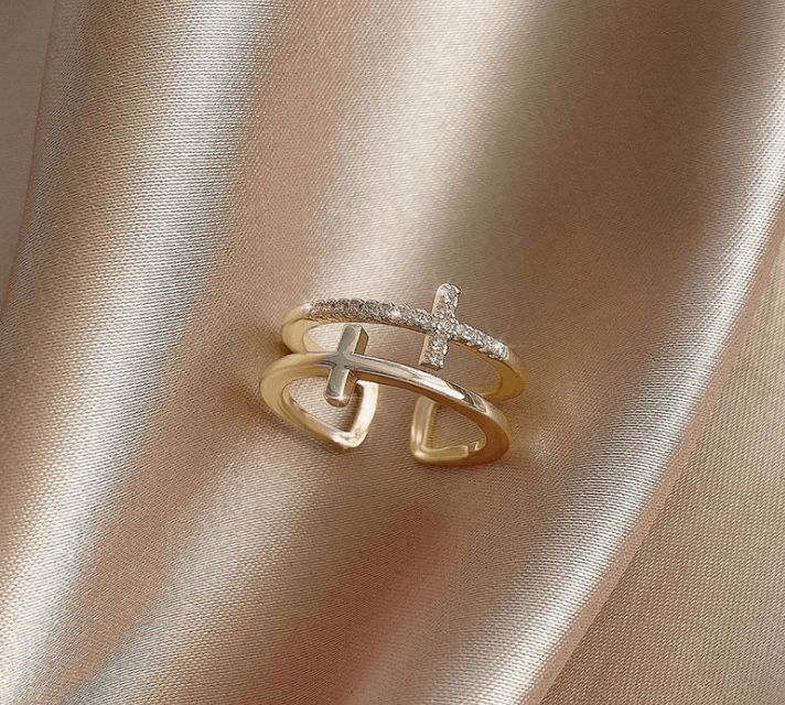 Double Cross Miniature Copper Inlaid Zircon Ring - Trendha