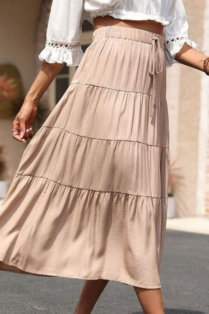 Elastic Waist Tiered Midi Skirt - Trendha