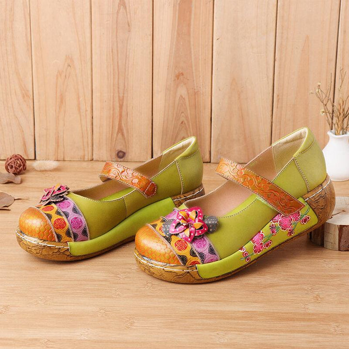 Women Genuine Leather Folkways Vintage Flowers Hook Loop Summer Platform Wedge Sandals - Trendha