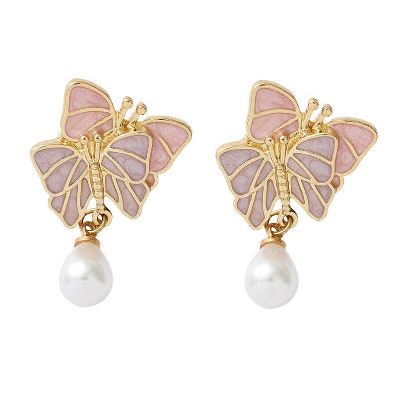 Simple Butterfly Pearl Earrings Alloy Butterfly Pearl - Trendha