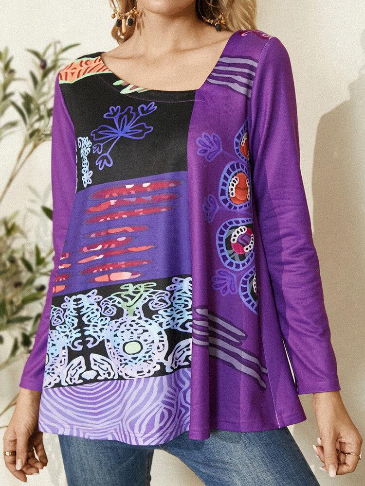 Women Abstract Print Asymmetrical Collar Long Sleeve Ethnic Style Blouse - Trendha