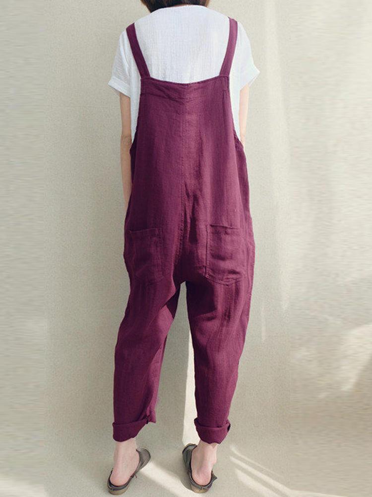 Women Solid Color Cotton Strappy Pocket Loose Harem Jumpsuit - Trendha
